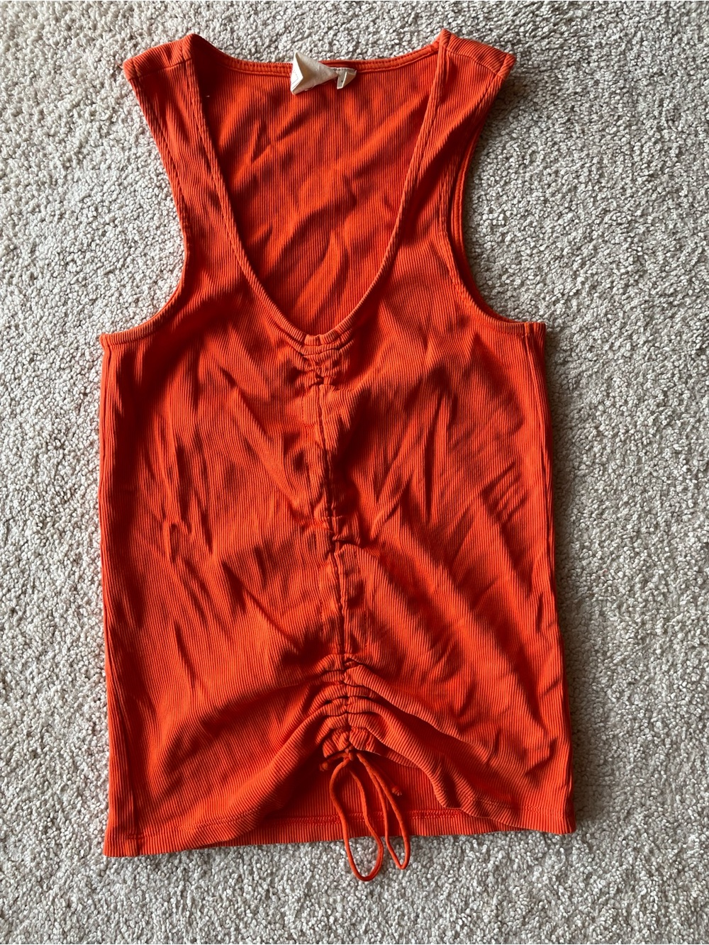 White Crow Orange Ruched Ribbed Knit Drawstring Cropped Sleeveless Deep V Tank S